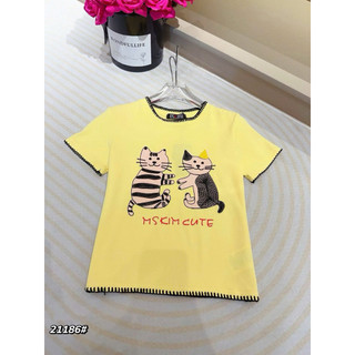 Áo phông cotton cổ tròn cộc tay hình đôi mèo viền chỉ đen MSKim cute form babytee #21186