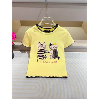 Áo phông cotton cổ tròn cộc tay hình đôi mèo viền chỉ đen MSKim cute form babytee #21186
