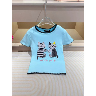 Áo phông cotton cổ tròn cộc tay hình đôi mèo viền chỉ đen MSKim cute form babytee #21186