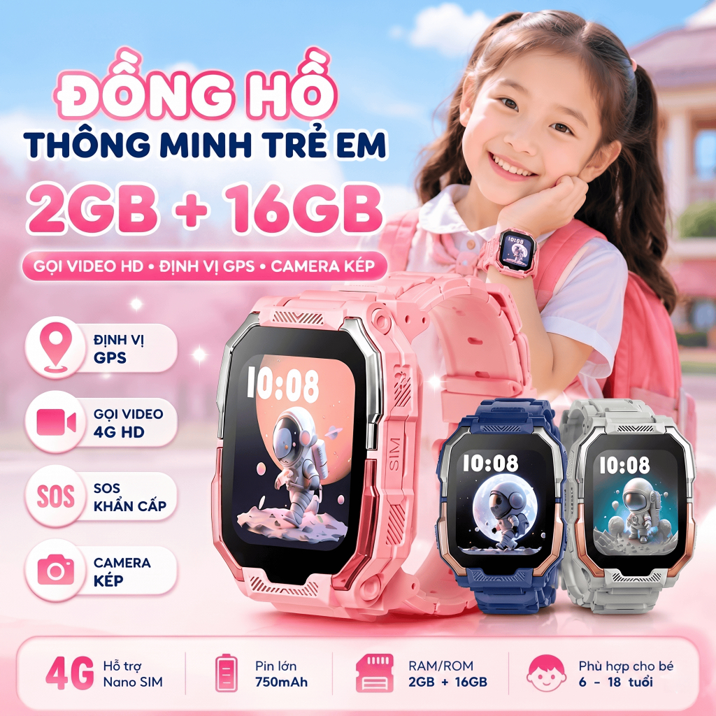 Kiumo Smartwatch Trẻ Em 4G 2+16GB Cao Cấp | Gọi Video Mượt | GPS | Camera Kép | SOS