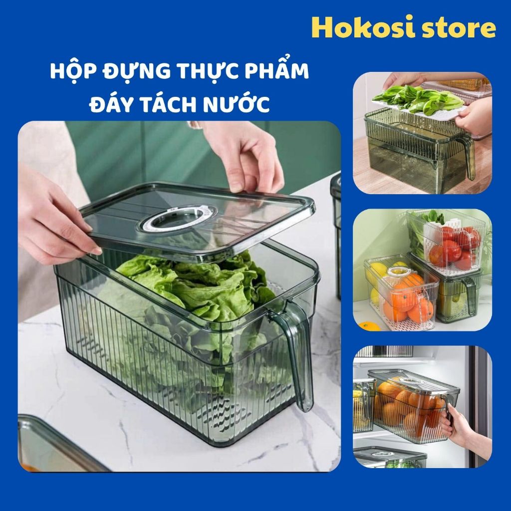 Hộp Nhựa Đựng Thực Phẩm Có Tay Cầm Đáy Tách Nước Để Tủ Lạnh An Toàn, Tiện Lợi, Hộp Bảo Quản Rau Củ Tươi Ngon