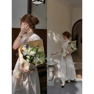 MIMI CLOTHING - Đầm maxi thanh lịch màu trắng ngà form dài xếp ly tinh tế