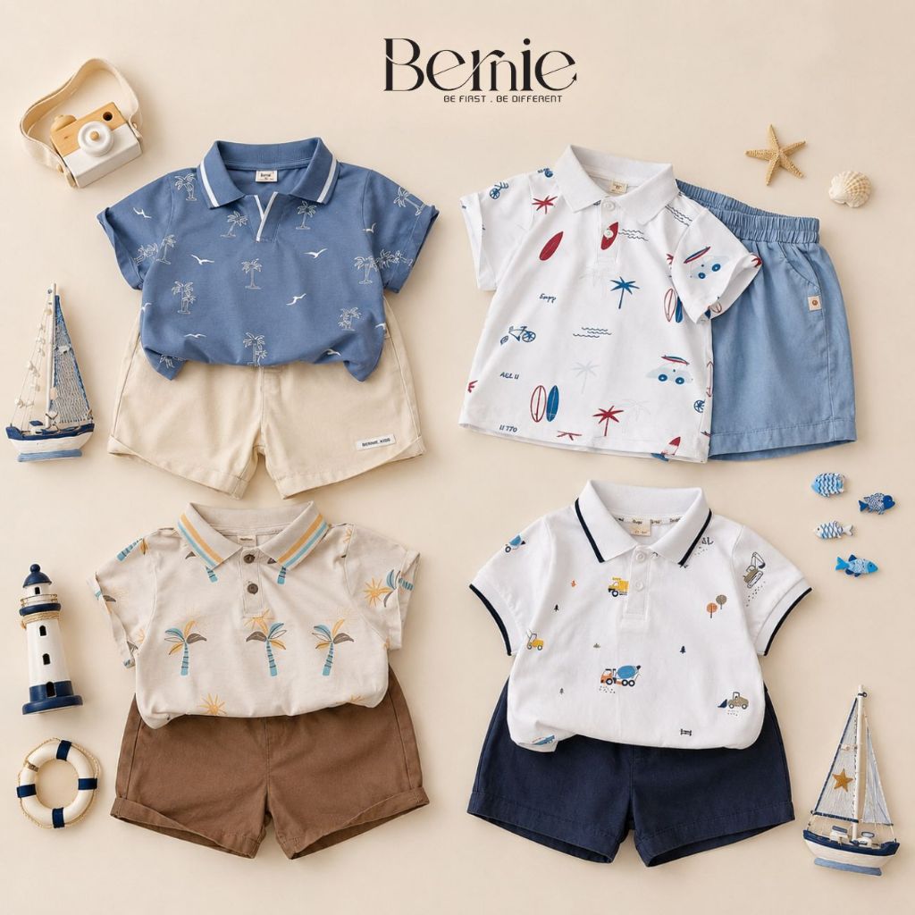 Set bộ áo thun polo kèm quần short cho bé trai họa tiết đi biển đi chơi 1 đến 7 tuổi BERNIE tổng