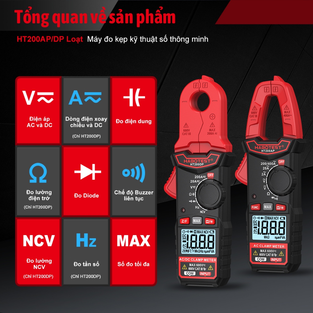 HABOTEST HT200AP / DP Máy đo kẹp kỹ thuật số Đa số cho điện áp AC / DC HZ NCV Độ chính xác cao không tiếp xúc Máy
