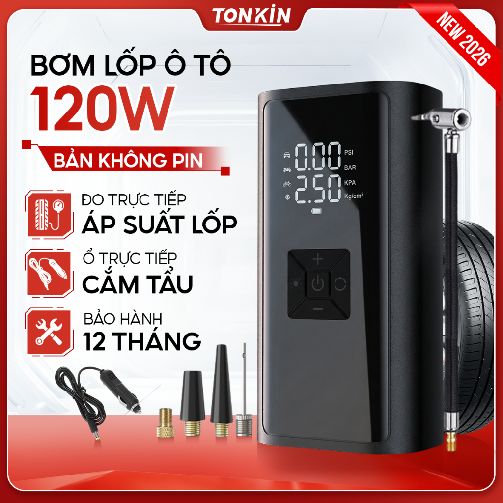 Bơm lốp điện TONKIN 120W màu đen với màn hình số và phụ kiện đầu bơm