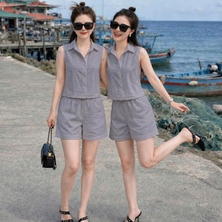 Set đồ nữ Sea Vibes sát nách, quần cộc, lưng thun phía sau, chất liệu Đũi vân đã qua xử lý - Đồ bộ Tùng Chi