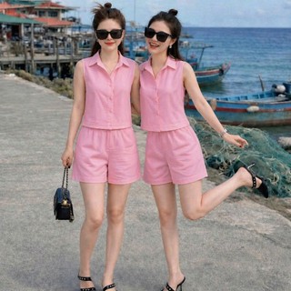 Set đồ nữ Sea Vibes sát nách, quần cộc, lưng thun phía sau, chất liệu Đũi vân đã qua xử lý - Đồ bộ Tùng Chi