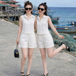 Set đồ nữ Summer Vibes sát nách, quần cộc, lưng thun phía sau, chất liệu Đũi vân đã qua xử lý - Đồ bộ Tùng Chi
