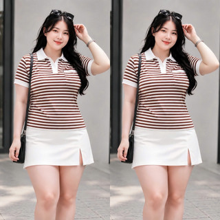 Áo polo nữ bigsize kẻ sọc tay ngắn nhấn viền màu cá tính phối túi trước vải thun gân co giãn CB SOC
