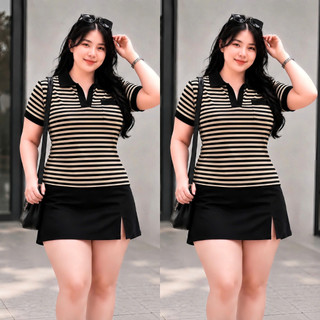 Áo polo nữ bigsize kẻ sọc tay ngắn nhấn viền màu cá tính phối túi trước vải thun gân co giãn CB SOC