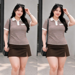Áo polo nữ bigsize kẻ sọc tay ngắn nhấn viền màu cá tính phối túi trước vải thun gân co giãn CB SOC