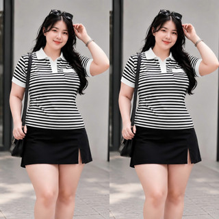 Áo polo nữ bigsize kẻ sọc tay ngắn nhấn viền màu cá tính phối túi trước vải thun gân co giãn CB SOC
