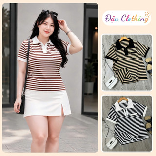 Áo polo nữ bigsize kẻ sọc tay ngắn nhấn viền màu cá tính phối túi trước vải thun gân co giãn CB SOC