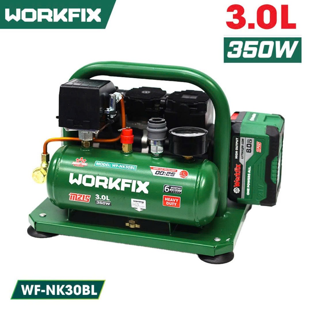 Máy Nén Khí Pin Workfix WF-NK30BL 21V – Động Cơ Brushless, Bình 3L, Áp Suất 8Bar/120PSI, Máy Bơm Hơi Không Dây Mini