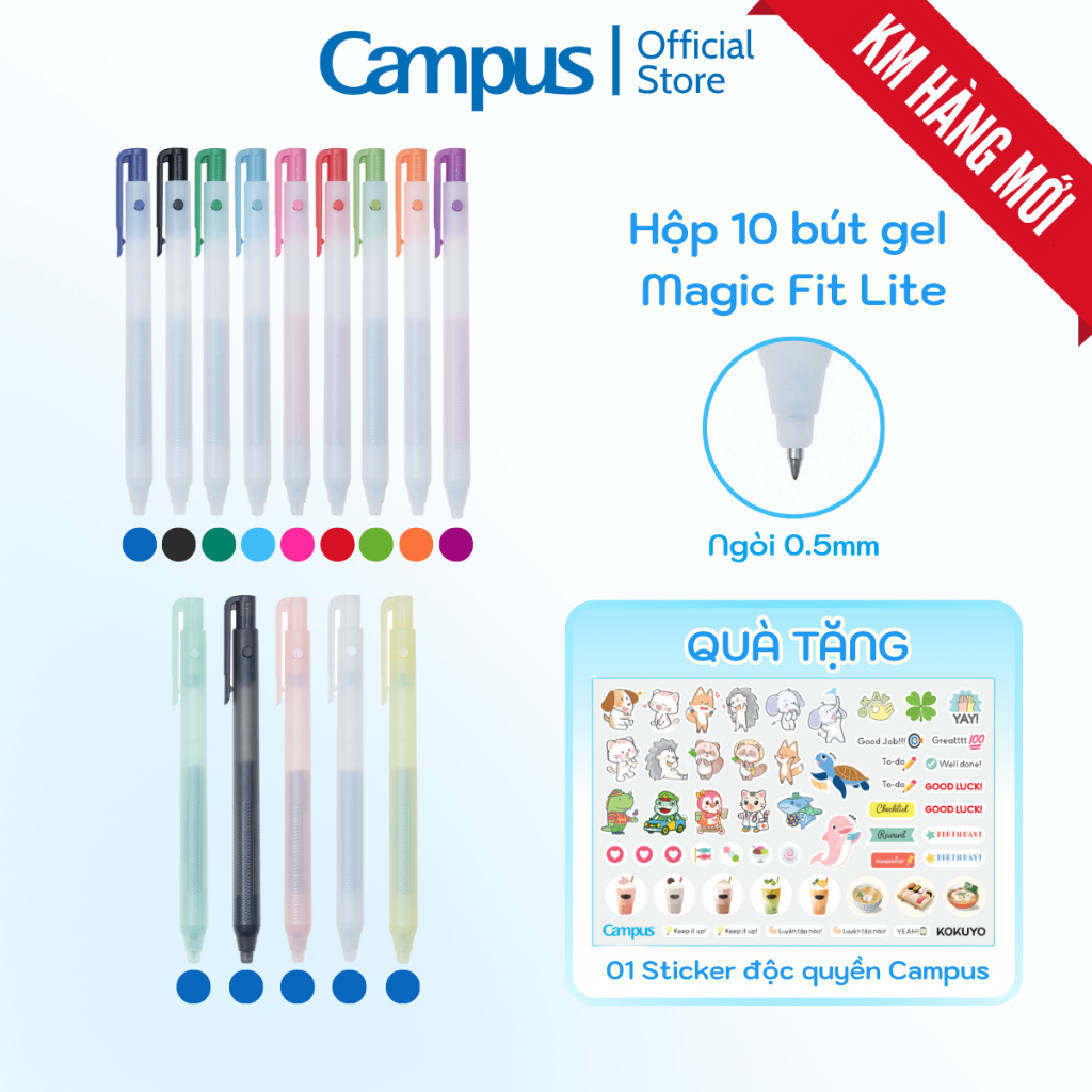 Hộp 10 Bút Gel Campus MAGIC FIT LITE Ngòi 0.5mm Phong Cách Nhật 9 Màu Mực Ấn Tượng - Tốc Độ Khô Nhanh
