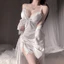 Set Váy Ngủ Lụa Nữ Viền Ren Cổ V Xẻ Sâu Tặng Kèm Áo Ngủ Lụa Đai Thắt Eo Sang Chảnh