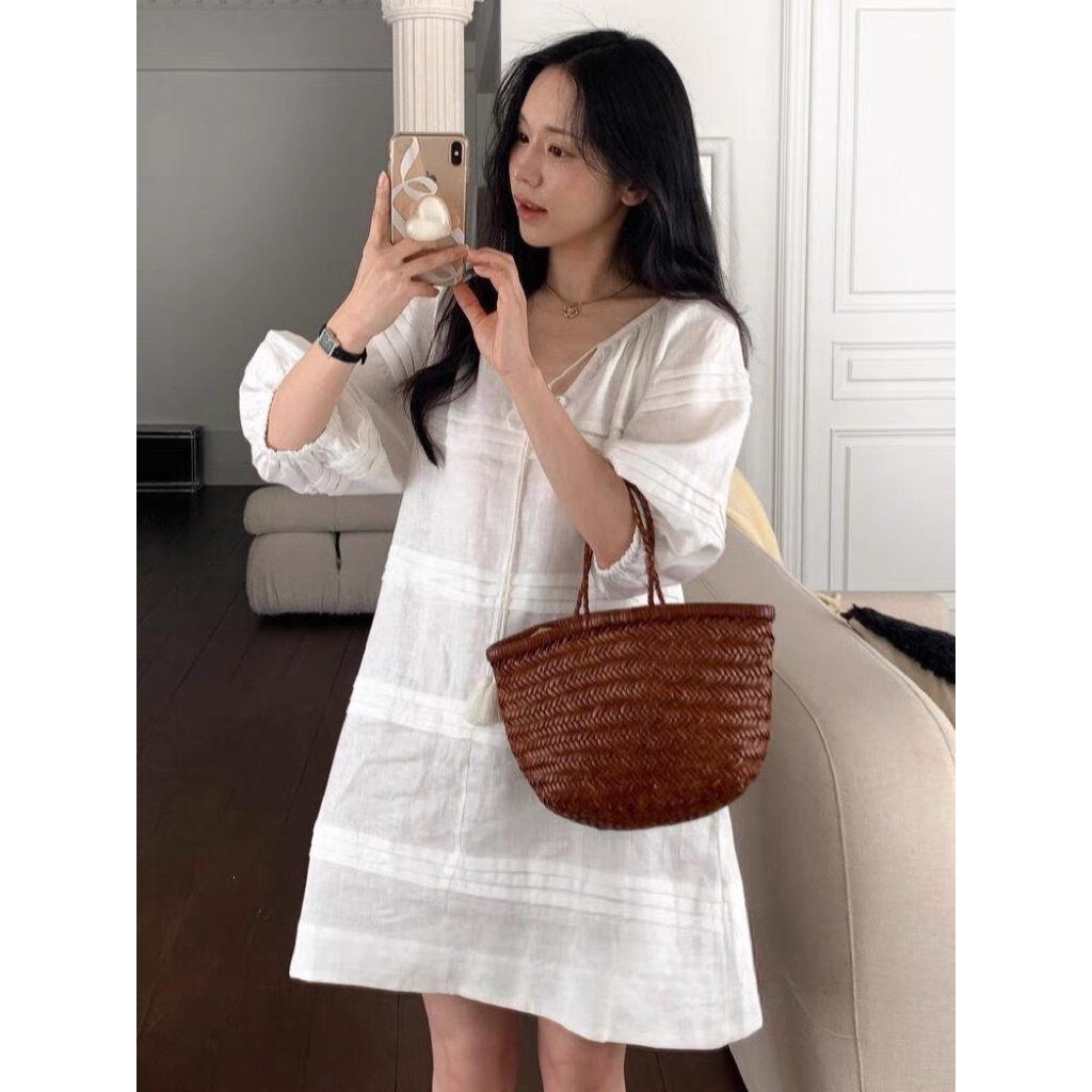𝗦𝗮𝗺 𝗗𝗿𝗲𝘀𝘀 -  Đầm Linen baybydoll tay phồng KÈM DÂY