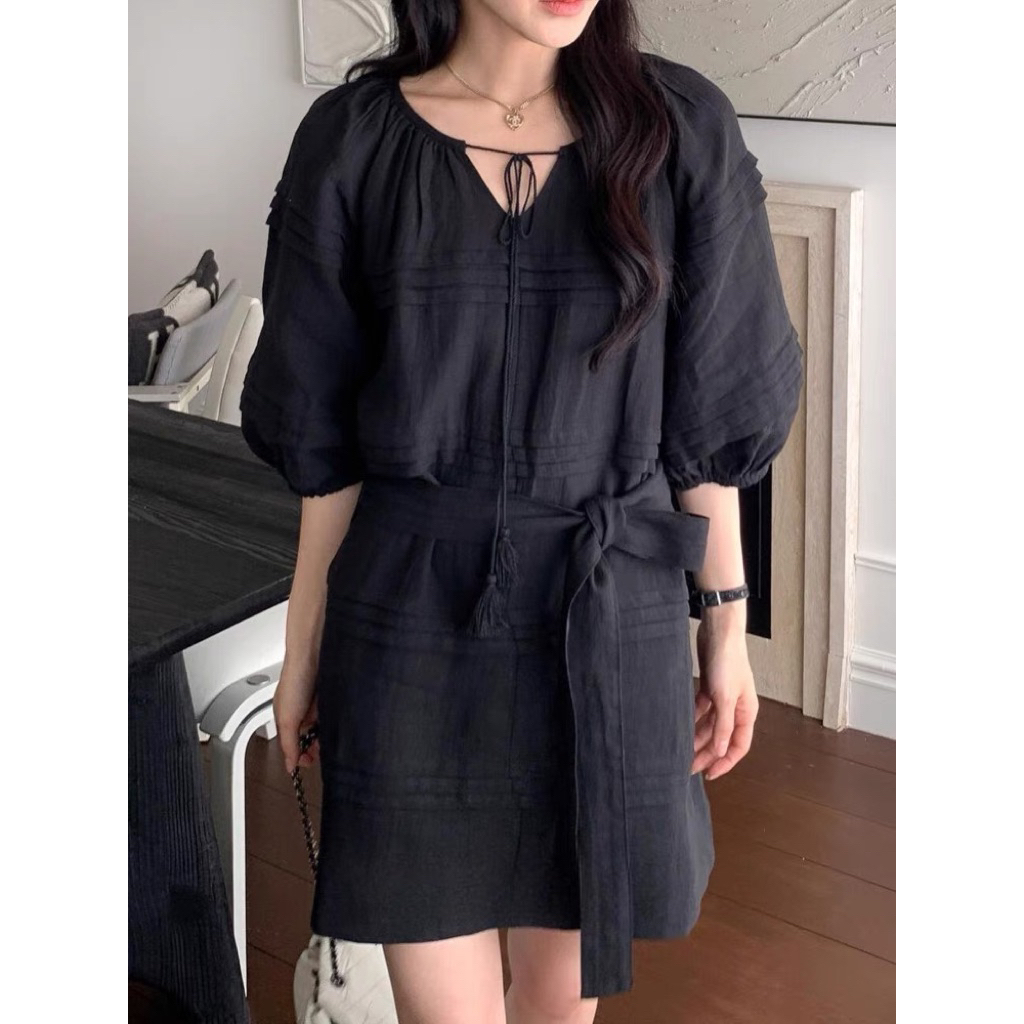 𝗦𝗮𝗺 𝗗𝗿𝗲𝘀𝘀 -  Đầm Linen baybydoll tay phồng KÈM DÂY