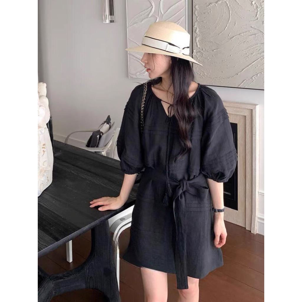 𝗦𝗮𝗺 𝗗𝗿𝗲𝘀𝘀 -  Đầm Linen baybydoll tay phồng KÈM DÂY