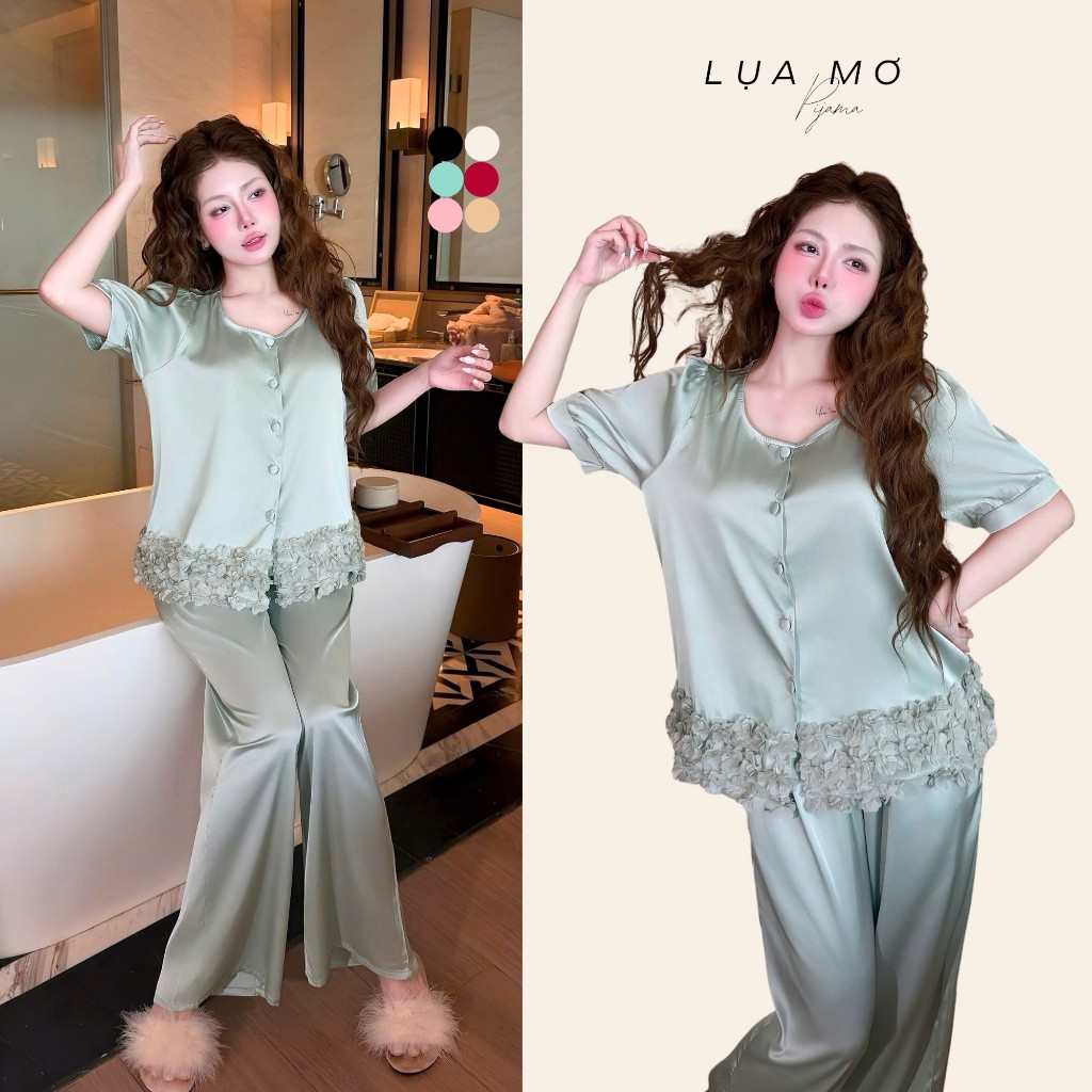 Pijama Tiểu Thư Tay Ngắn Quần Dài Cổ Tròn Cánh Hoa Vải Lụa Latin Cao Cấp - Đồ bộ Lụa Mơ LM293