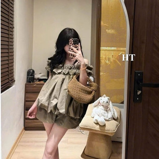 Set Bộ Đồ Nữ Gió Phồng 2 Lớp Áo Trễ Vai Chạy Bèo Gấu Phồng Mix Quần Váy Bí Dáng Ngắn