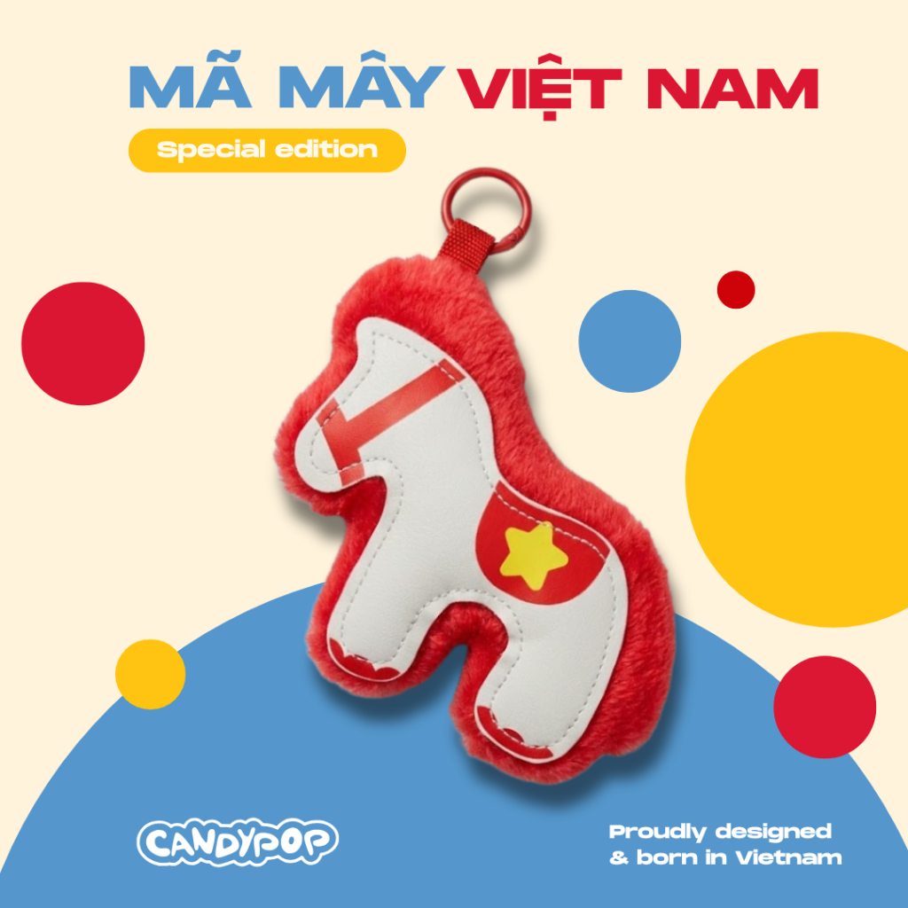 Charm ngựa Mã Mây họa tiết cờ Việt Nam - Phối da và lông mềm mịn - Móc khóa phụ kiện treo túi xách, ba lô