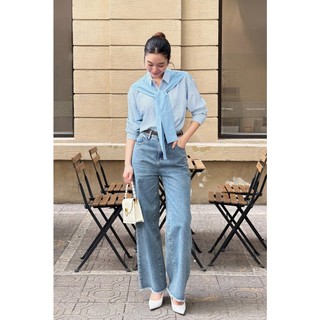Quần Jean Nữ Công Sở LAMER FASHION Ống Rộng Tua Gấu Quần Bò Nữ Cạp Cao V64J25Q019