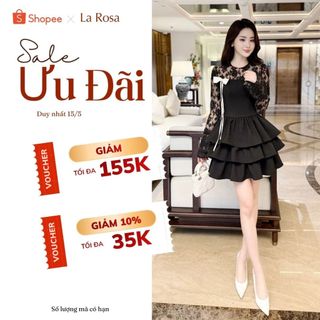 Đầm Đen Dài Tay Đính Nơ LA ROSA Chất Ren Phối Chéo Ý Cao Cấp Tôn Dáng, Phù Hợp Mùa Thu Đông V1333