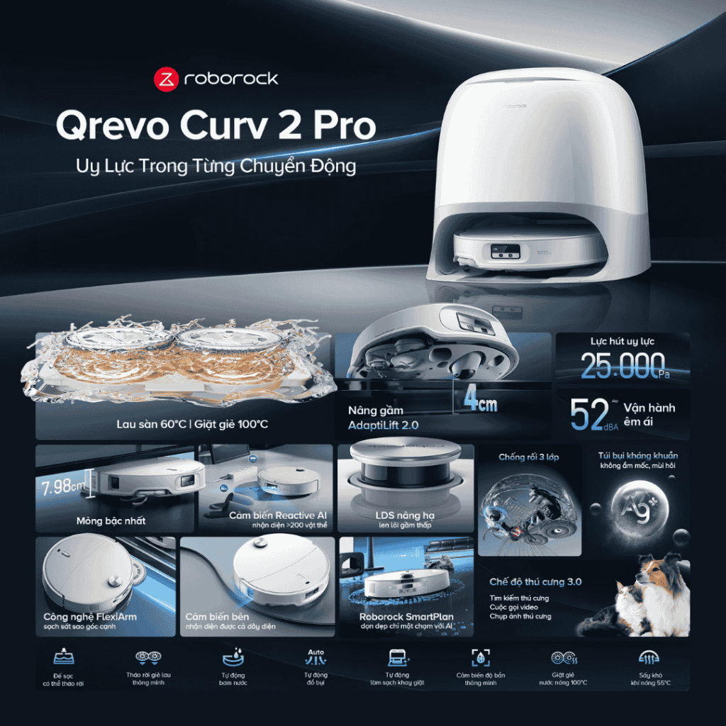 Robot hút bụi lau nhà Roborock Curv 2 Flow | Curv 2 Pro Lau nước nóng, Hàng Chính Hãng, Bản quốc tế
