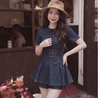 Đầm Denim Tay Ngắn, Váy Denim Tiểu Thư Chiết Eo Dáng Xòe Sang Chảnh Chuẩn Hàn