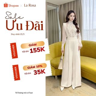 Set Đồ Dự Tiệc, Công Sở Cao Cấp LA ROSA Áo Sơ Mi Dài Tay Phối Ren Mix Quần Yếm Đai Rời Tôn Dáng S958