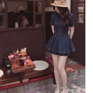 Đầm Denim Tay Ngắn, Váy Denim Tiểu Thư Chiết Eo Dáng Xòe Sang Chảnh Chuẩn Hàn