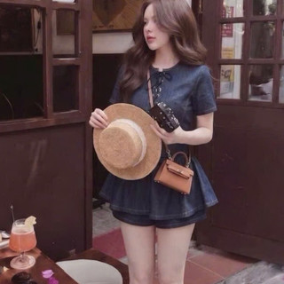 Đầm Denim Tay Ngắn, Váy Denim Tiểu Thư Chiết Eo Dáng Xòe Sang Chảnh Chuẩn Hàn