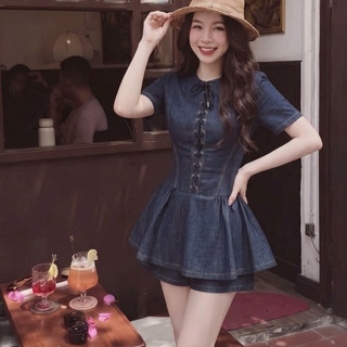 Đầm Denim Tay Ngắn, Váy Denim Tiểu Thư Chiết Eo Dáng Xòe Sang Chảnh Chuẩn Hàn