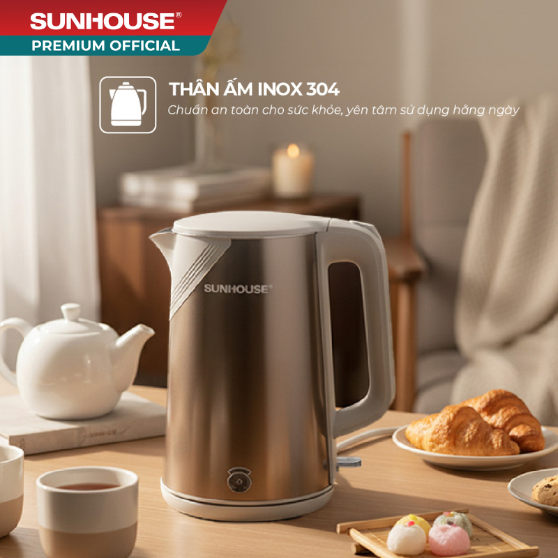 Ấm siêu tốc Inox 3 lớp 1.8L Sunhouse SHD1377 - Dung tích lớn 1.8L, công suất 1500W, chống bỏng tối đa