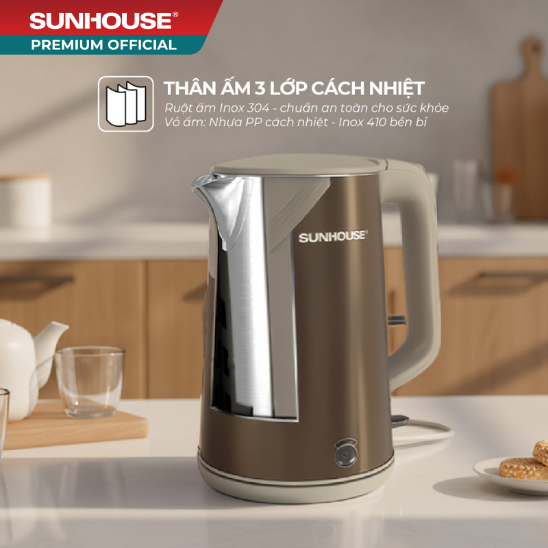 Ấm siêu tốc Inox 3 lớp 1.8L Sunhouse SHD1377 - Dung tích lớn 1.8L, công suất 1500W, chống bỏng tối đa