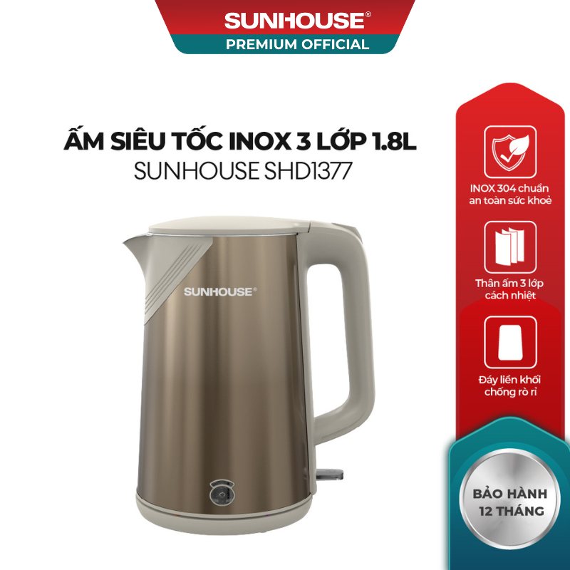 Ấm siêu tốc Inox 3 lớp 1.8L Sunhouse SHD1377 - Dung tích lớn 1.8L, công suất 1500W, chống bỏng tối đa