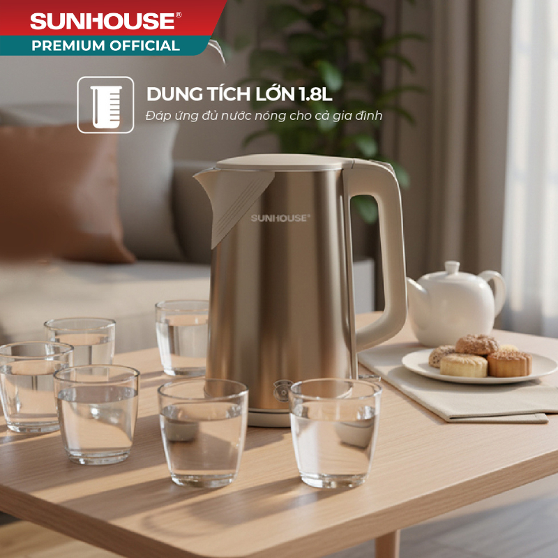 Ấm siêu tốc Inox 3 lớp 1.8L Sunhouse SHD1377 - Dung tích lớn 1.8L, công suất 1500W, chống bỏng tối đa