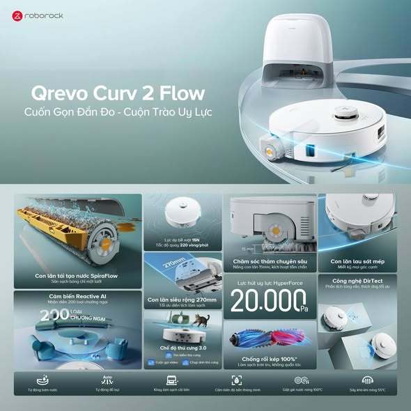 Robot hút bụi lau nhà Roborock Curv 2 Flow | Curv 2 Pro Lau nước nóng, Hàng Chính Hãng, Bản quốc tế