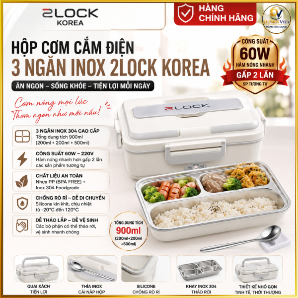 Hộp Cơm Điện 2LOCK Korea 3 Ngăn Inox 304 Cao Cấp – Hâm Nóng Siêu Nhanh 60W, 900ml