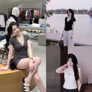 Áo thun xoắn ngực viền ren WG cộc tay #5928