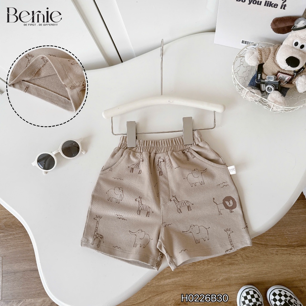 Bộ ba lỗ in tràn động vật tông nâu be siêu xinh cho bé, set thun ba lỗ mềm mát bé trai