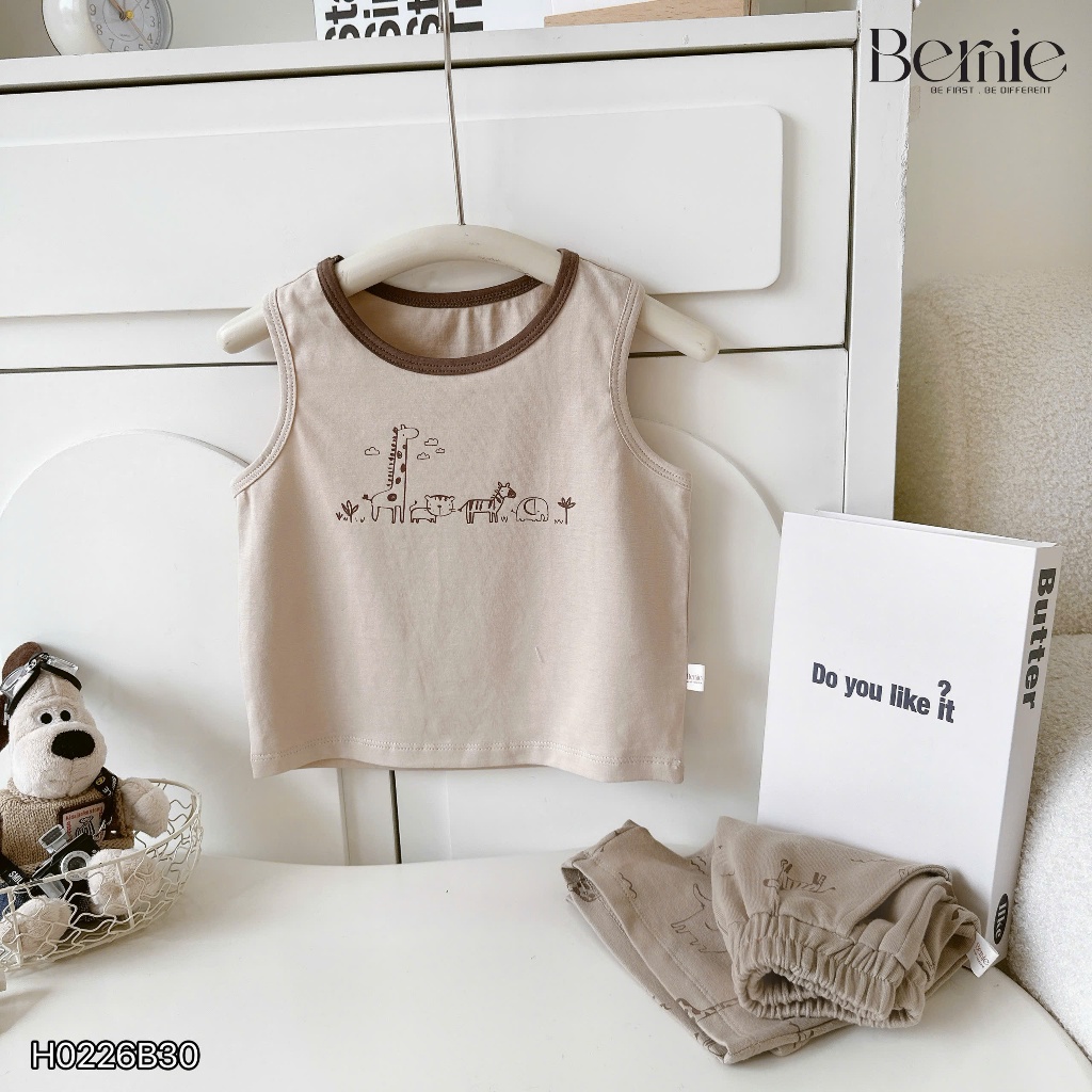 Bộ ba lỗ in tràn động vật tông nâu be siêu xinh cho bé, set thun ba lỗ mềm mát bé trai