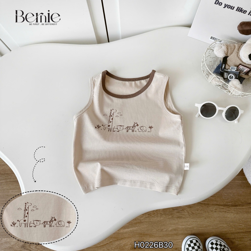 Bộ ba lỗ in tràn động vật tông nâu be siêu xinh cho bé, set thun ba lỗ mềm mát bé trai