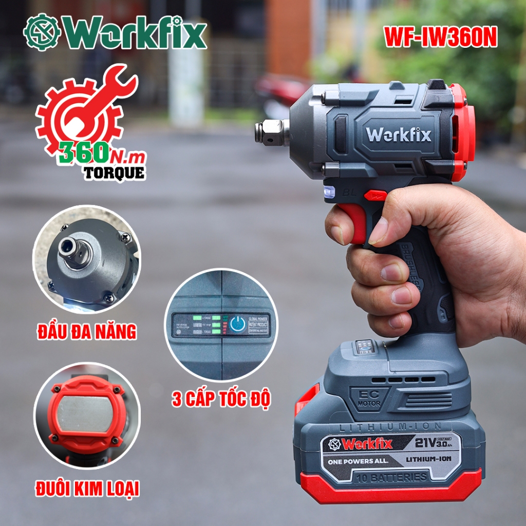 [Kèm Phụ Kiện] Máy Bắn Bulong Workfix WF-IW360BL, Chuyên Siết Mở Ốc, Khoan, Vít, Combo Kèm Bộ 10 Phụ Kiện Đa Năng