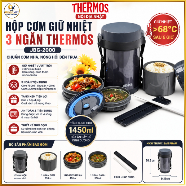 Hộp Cơm Giữ Nhiệt Thermos JBG-2000 Nội Địa Nhật – 1450ml, Giữ Nhiệt >68°C Sau 6 Giờ