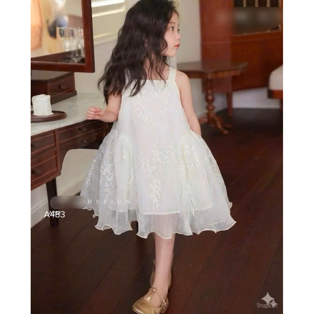 Váy 2 Dây Bé Gái Tiểu Thư Dập Ly A483 Thêu Họa Tiết Nhẹ Nhàng Xinh Xắn Size 1-10Y (10-35kg)