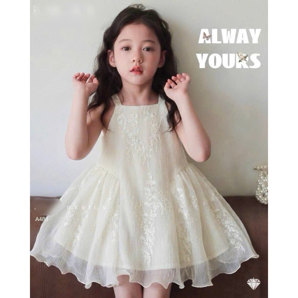 Váy 2 Dây Bé Gái Tiểu Thư Dập Ly A483 Thêu Họa Tiết Nhẹ Nhàng Xinh Xắn Size 1-10Y (10-35kg)