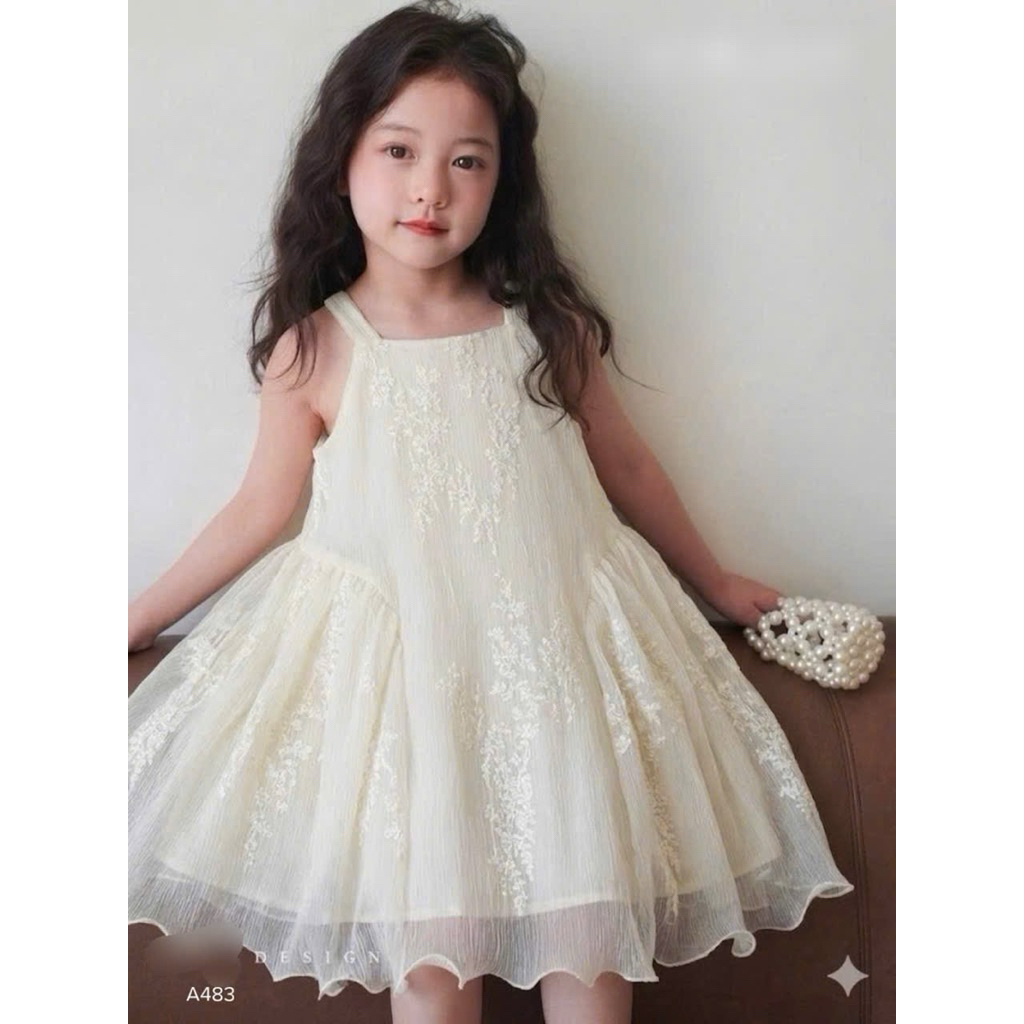 Váy 2 Dây Bé Gái Tiểu Thư Dập Ly A483 Thêu Họa Tiết Nhẹ Nhàng Xinh Xắn Size 1-10Y (10-35kg)