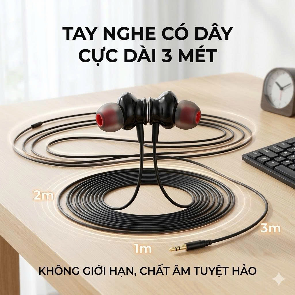 Tai Nghe 3m (1-3m) Có Dây Nhét Tai Bass Mạnh 🎧 Âm Thanh Sống Động – Jack 3.5mm Tương Thích Điện Thoại, Laptop